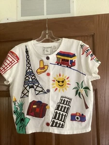 Michael Simon Lite Rare Vintage International Travel Theme Cardigan Top Small - Picture 1 of 11
