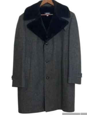 Vintage Overcoat Mens 42 Gray Wool Black Faux Shearling Retro Winter Jacket - Image 1 of 4