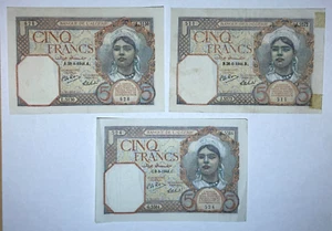 3 x 1941 A B & C Algerien 5 Five Cinq Francs, Bank of Algeria, 3 Vintage Banknoten - Bild 1 von 2