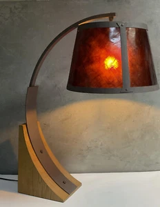 Oak River Rustic Mission Arc Table Lamp Dark Rust & Amber Mica Drum Shade - Picture 1 of 17