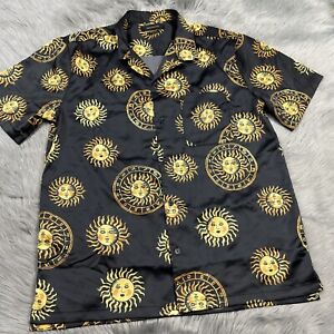Urban Outfitters Black Astro Sun Satin Button Up Short Sleeve Shirt Size M