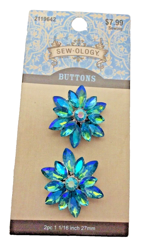 Sew-ology Aqua Blue Rhinestone Flower Shank Buttons 27mm - Image 1 of 1