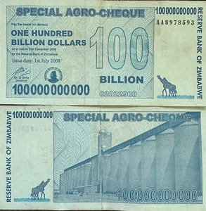 ZIMBABWE - 100 BILLION DOLLARS - XF - 2008 - AGRO CHECK - UV PASSED - Picture 1 of 1