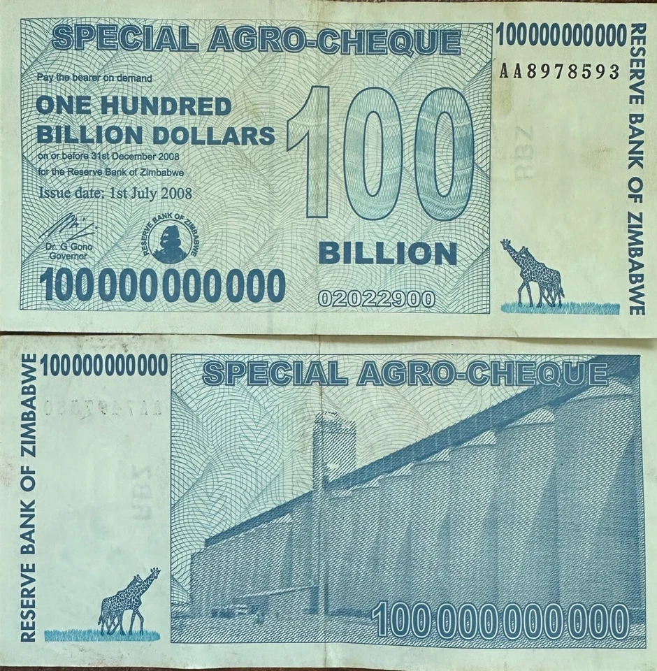 ZIMBABWE - 100 BILLION DOLLARS - XF - 2008 - AGRO CHECK - UV PASSED - Image 1 of 1