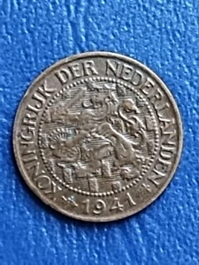 Vintage 1941 Netherlands 1 Cent Bronze: WWII Era, Wilhelmina, Beautiful Details. - Picture 1 of 2