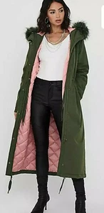 Khaki Green Longline Drawcord Waist Fur Trimmed Hood Puffer Parka Coat 16 18 20 - Picture 1 of 10