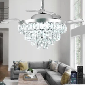 RHEAFON 36 Inch Dimmable Fandelier Crystal Chandelier Ceiling Fan Retractable... - Picture 1 of 8