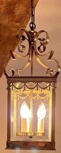 Beautiful Large French Square Brass & Glass Antique Hall Lantern/ Chandelier VGC - Picture 1 of 9