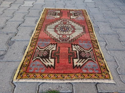 Vintage Turkish Rug Mat 3.1x1.7 ft | Coral Oushak Medallion - Image 1 of 4