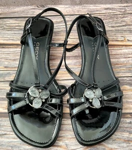 Geox Respira 38 (US 7-7.5) Black Strappy Sandals Women's low wedge heel party - Picture 1 of 8