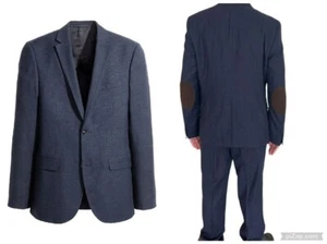 H&M Men's 2 Piece Suit Navy Blazer Elbow Patch 42 Pant 36 Slim Fit Wool Linen - Picture 1 of 21