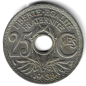 1938 France 25 centimes Coin new type Hole at center KM# 867b Nice Crisp Coin - Picture 1 of 2