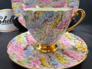 SHELLEY ROCK GARDEN CHINTZ RIPON SHAPE CUP, SAUCER AND PLATE #13385 GOLD TRIM - Picture 1 of 8