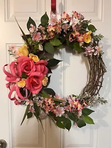 Spring Wreath With Pink And Yellow Roses, And Wildflowers In Grapevine Wreath - Picture 1 of 9