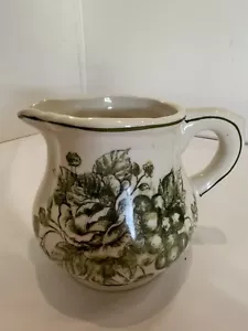 Green & White Toile Creamer Pitcher Maxcera Corp Cabbage roses Grapes Footed - Picture 1 of 8