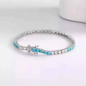 4 MM Round Cut Lab-Created Diamond/Turquoise Tennis Bracelet 14K White Gold Over - Picture 1 of 8