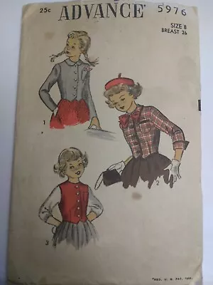 Jacket Fitted Weskit Vest Girls 8 Advance 5976 Sewing Pattern VTG 40's Cut Crop - Image 1 of 4