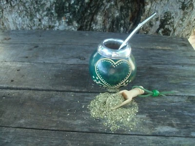 Argentinian Calabaza Mate Gourd (Green) w/ Heart Logo + Straw + Spoon - Image 1 of 3