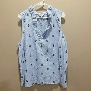Crown & Ivy Women Blue White Stripe Sleeveless Blouse Anchors 3X Nautical Preppy - Picture 1 of 9