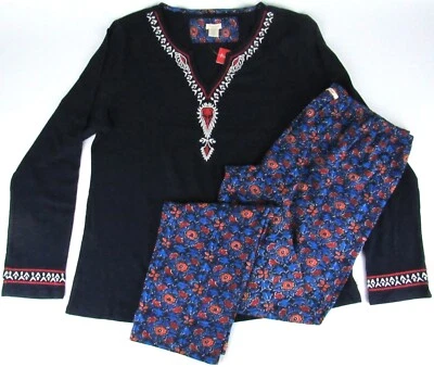 Lucky Brand Embroidered Navy Blue Floral Pajama 2 Piece PJ Set Sz Large NWT - Image 1 of 4