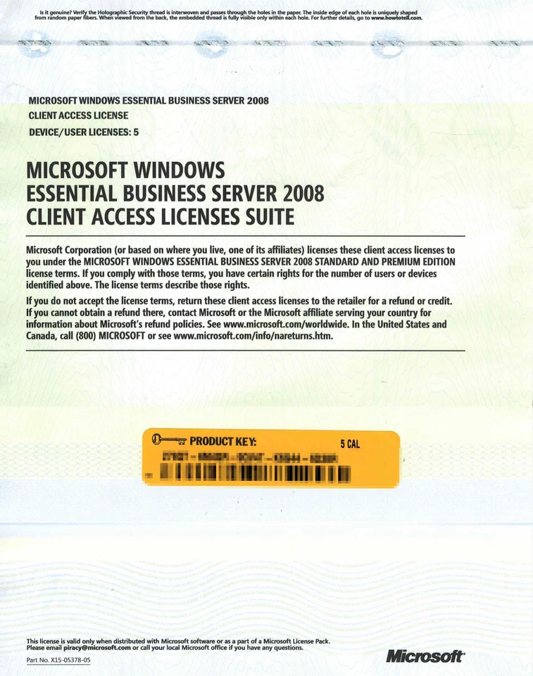 Microsoft Windows Essential Business Server 2008 5 User Device CAL No media - Image 1 of 1