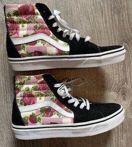 Vans High Top Black Floral Rose Sneakers 500714 Off The Wall Skate W 8.5 M 7 - Picture 1 of 12