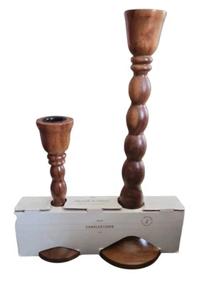 Hearth & Hand Magnolia Joanna Gaines Wood Hand Turned Candleholders 13" & 8" NEW - Image 1 of 4