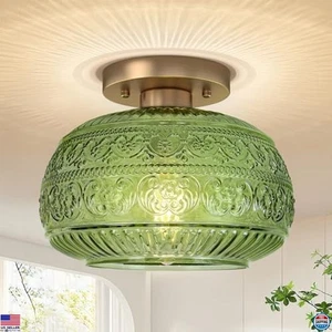 Modern Semi Flush Mount Ceiling Light, Green Glass & Gold, Indoor Fixture - Picture 1 of 6