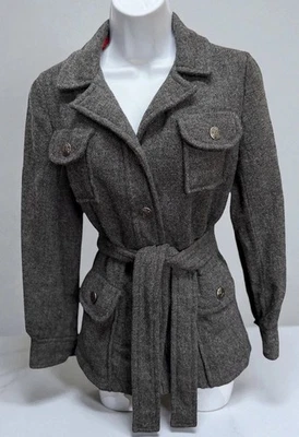 Chaqueta a Presión de Lana Saks Fifth Avenue Años 60 De Colección XS Botones Cortos Cinturón Gris Oscuro Foto 1 de 4