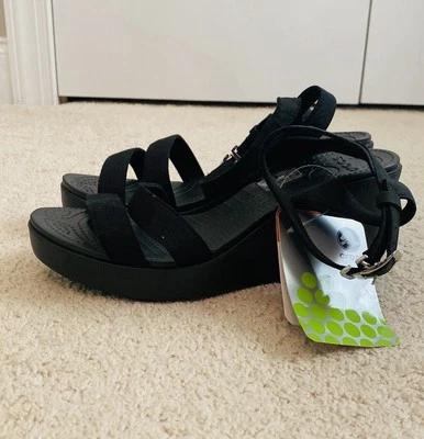Crocs NWT Leigh Ankle Strap Wedge Sandal Women's Size 10 Black - Image 1 of 4