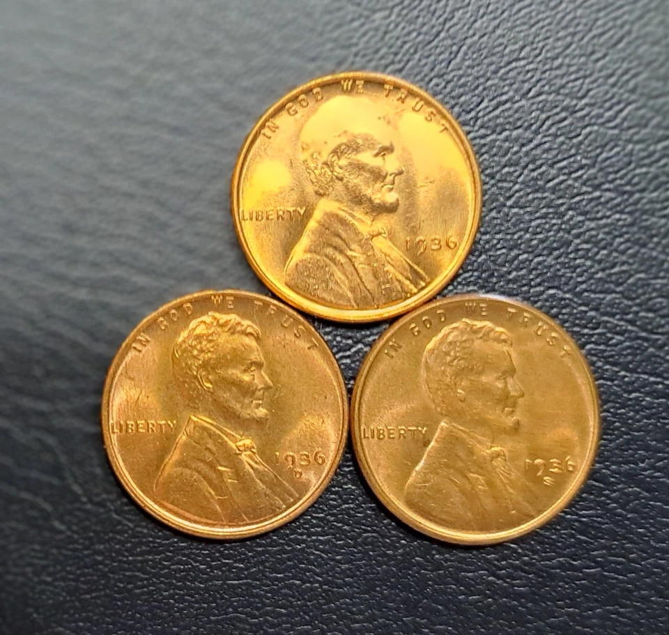 1936-S, 1936-D, 1936-P, Lincoln Wheat Penny,Set Of 3, Brilliant Uncirculated Red - Image 1 of 4
