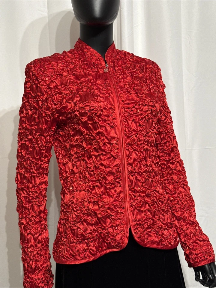 MSK 红色亮片皱褶拉链夹克 M 码缎面弹力晚装上衣温柔爱 — 第 1/4 张图片