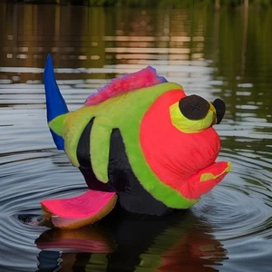 Selten Vintage Ace Neuheit Neon Fisch Plüsch Nylon flauschiges Stofftier grün schwarz 18x12 Zoll - Bild 1 von 15