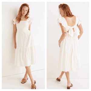Madewell Sz 2X Cream Ruffle Strap Textural Striped Tiered Midi Dress Cutout Back - Picture 1 of 12
