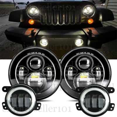 Faros LED delanteros de 7" + luces antiniebla de conducción de 4" para Jeep Wrangler JK TJ 1997-2018 Foto 1 de 4