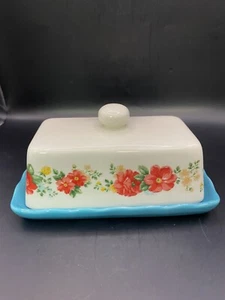 The Pioneer Woman Vintage Floral Teal Butter Dish Blue Knob Stonewear - Picture 1 of 6