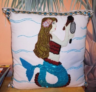STUNNING HEAVILY BEADED & SEQUIN 17" SQUARE MERMAID PILLOW. RARE FIND! - Image 1 of 4