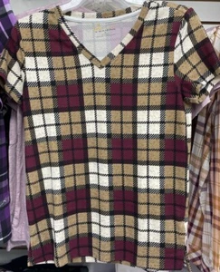 Belle by Kim Gravel Damen Gr. S beige burgund kariert kuschelig V-Ausschnitt SS Top Baumwolle - Bild 1 von 2