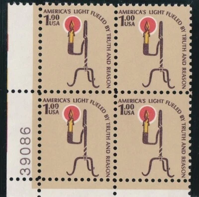 USA 1979 MNH PLATE BLOCKS OF 4 CANDLEHOLDER ($1) + RAILROAD LANTERN ($5) - Image 1 of 2
