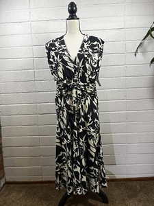 Anne Klein Dress 16 Black Cream Floral Sleeveless Ruched Waist NWT - Picture 1 of 16