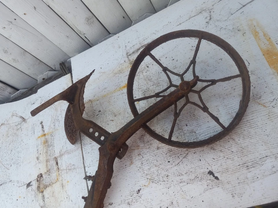  Antique  12" FORGED IRON FARM WHEEL & HOE On 5.5' Long Wood Bar 15" Handle - Image 1 of 4