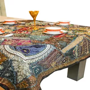 TABLECLOTH BLACK WITH GLITTERING BEADS EMBROIDERED 55" X 55" USA SELLER FREESHIP - Picture 1 of 5