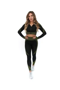 Women's Long Sleeve 2 Piece Seamless Workout Yoga Set - High Waist Leggings - Picture 1 of 10