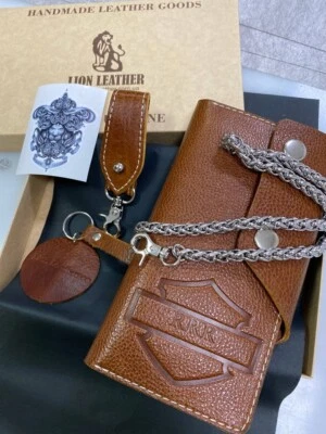 Genuine Soft Leather Long Biker Trucker Motorcycle 7" Wallet W/ Chain Handmade - Image 1 of 4