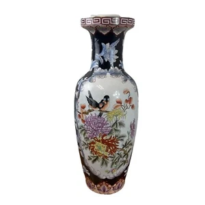 Antike bodenstehende Keramik Vase 2 Fuß hoch bemalt Blumen Vögel - atemberaubend - Bild 1 von 7
