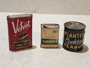 Lot: Vintage Planters Peanuts Tin, Velvet Tobacco, & Durkee's Turmeric Cans - Picture 1 of 7