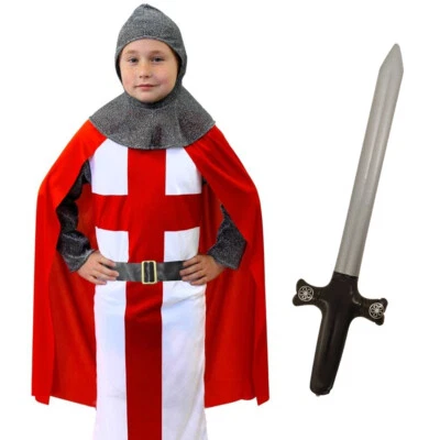 BOYS KNIGHT COSTUME CHILDS ST GEORGES DAY FANCY DRESS ENGLAND MEDIEVAL CRUSADER - Image 1 of 4