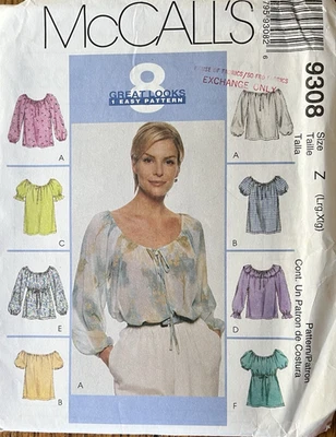 McCalls 9308 Peasant Top w/ Empire Waist Option sewing pattern UNCUT 16-18-20-22 - Image 1 of 2
