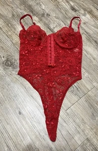 Vtg Red Lace Sz M Underwire Thong Bodysuit Hi-Cut Lingerie Victoria’s Secret - Picture 1 of 18