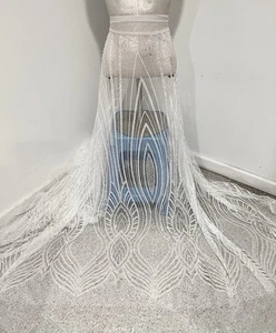 White Beaded Sequins Embroidery Bridal Lace Fabric 50” Width By The Yard - Picture 1 of 6